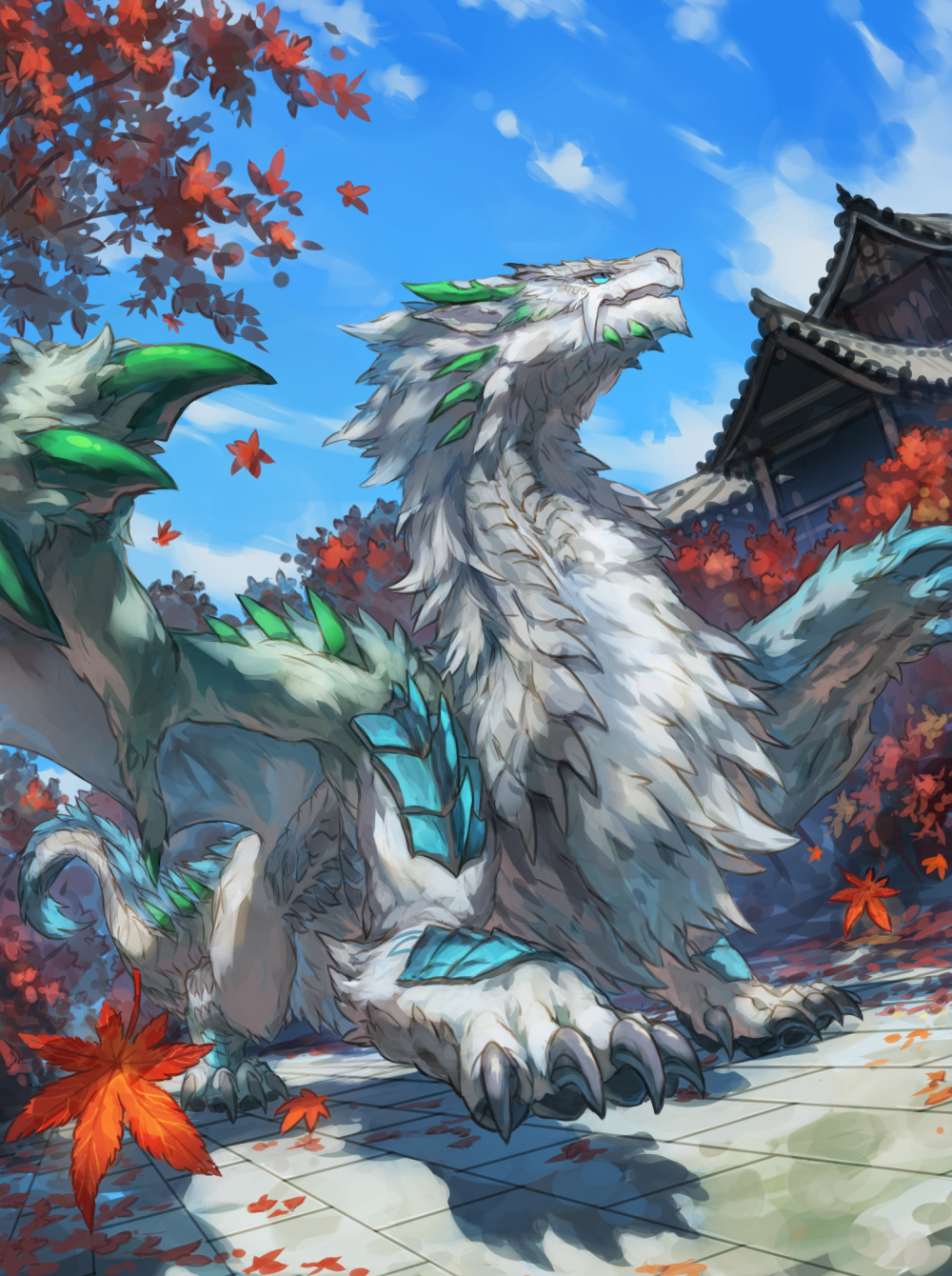 blue_eyes blue_sky building claws commission day dragon dragon_tail fantasy highres leaf maple_leaf monster nasuno_posi no_humans original skeb_commission sky tail tree western_dragon white_fur wings