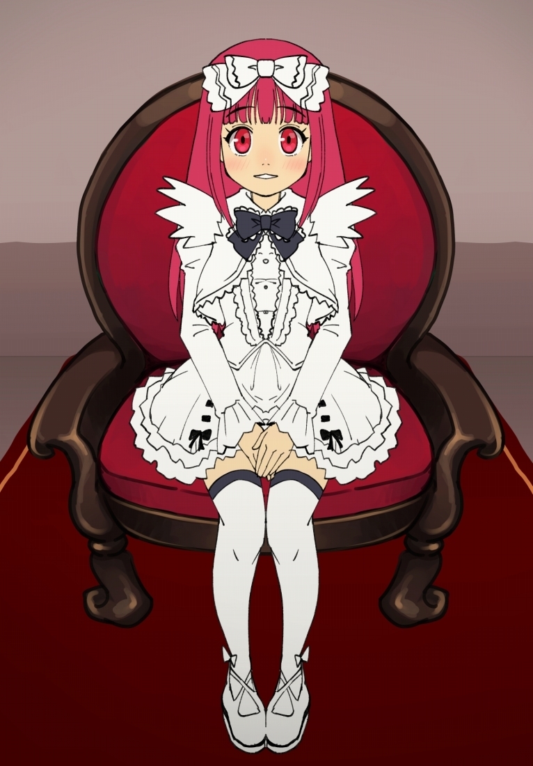 1girl black_bow black_bowtie bow bowtie chair deathsmiles dress frilled_dress frills full_body hair_bow long_hair looking_at_viewer platform_footwear red_eyes red_hair sitting smile solo stupa13a thighhighs upskirt white_bow white_dress white_footwear white_thighhighs windia_(deathsmiles)