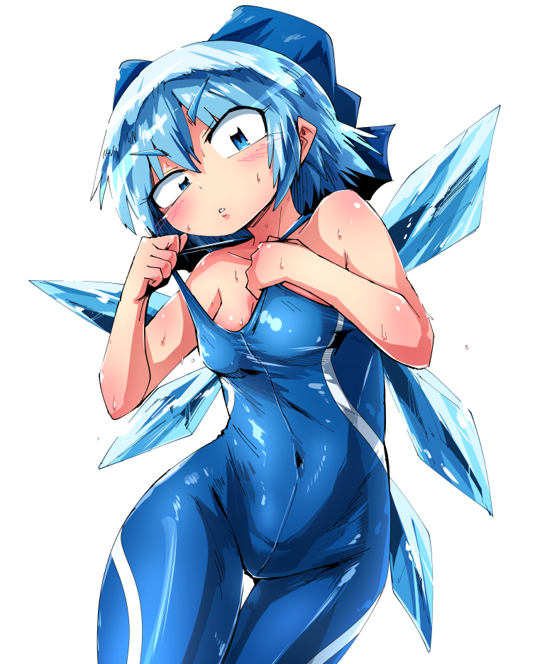 1girl alternate_costume blue_bow blue_eyes blue_hair blue_leotard bodysuit bow breasts cirno commentary_request covered_navel d: ice ice_wings leotard looking_at_viewer parted_lips shimizu_pem simple_background small_breasts solo strap_pull thigh_gap touhou uneven_eyes unitard v-shaped_eyebrows white_background wings