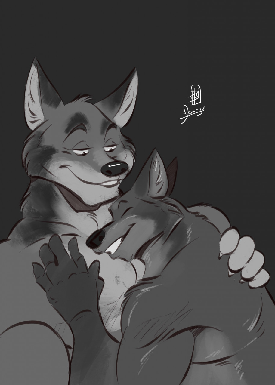 2021 aged_up anthro biceps canid canine canis coyote cuddling digital_media_(artwork) donryu duo eyebrows eyes_closed father father_and_child father_and_son fur grey_background greyscale hi_res incest_(lore) looking_at_another looking_at_partner male male/male mammal monochrome muscular muscular_anthro muscular_male parent parent_and_child pecs simple_background size_difference smile son teeth