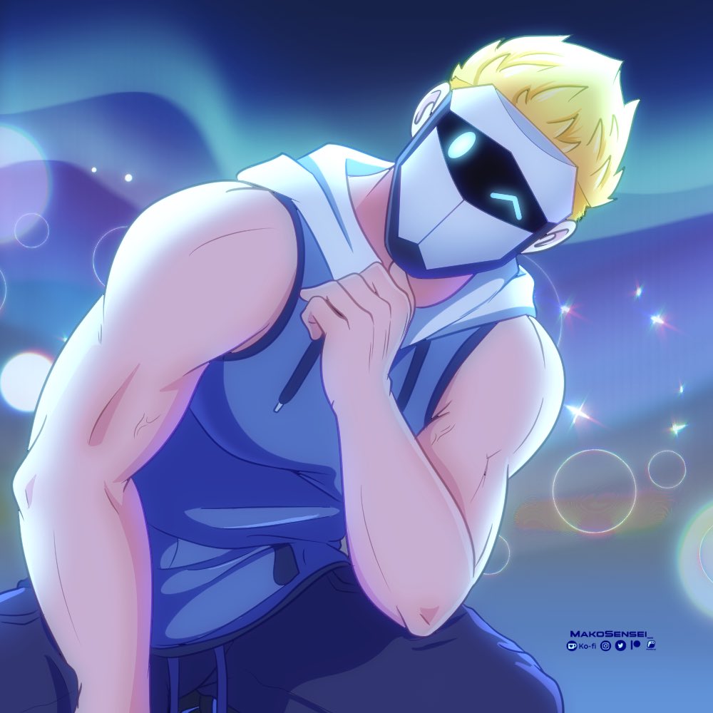 1boy bara blonde_hair feet_out_of_frame hood hoodie indie_virtual_youtuber leaning_to_the_side lens_flare male_focus mask masked_himbo_(silvyspark) muscular muscular_male one_eye_closed pectorals rena_raiden second-party_source short_hair sitting sleeveless sleeveless_hoodie solo sparkle spread_legs