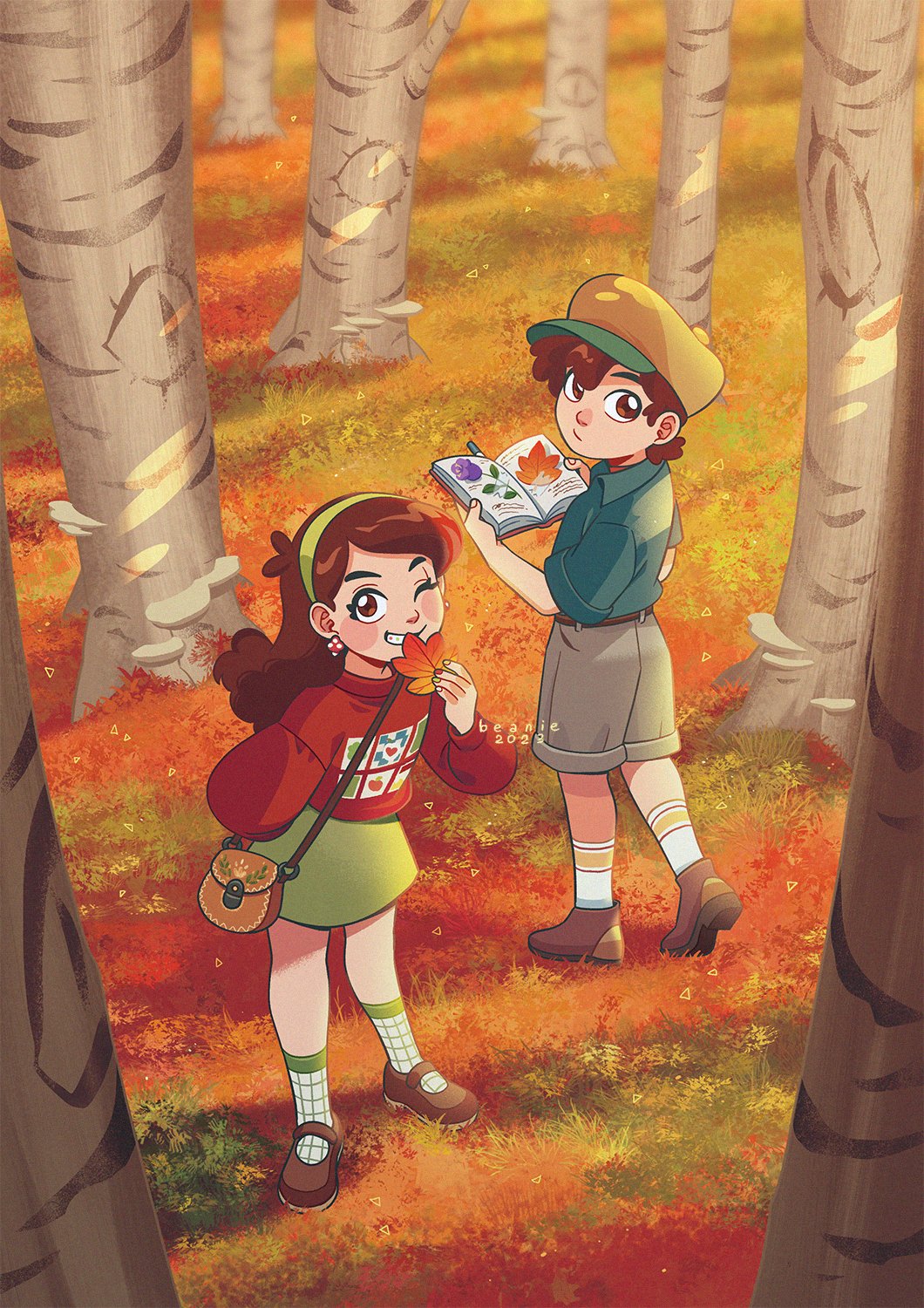 1boy 1girl 2023 artist_name autumn autumn_leaves bag beaniewinnie96 belt blurry book braces brother_and_sister brown_eyes brown_footwear brown_hair cabbie_hat commentary depth_of_field dipper_pines english_commentary flower full_body gravity_falls green_skirt grin hat highres holding holding_book holding_leaf kneehighs leaf long_hair long_sleeves looking_at_viewer mabel_pines one_eye_closed print_shirt puffy_sleeves shirt shirt_tucked_in shoes short_hair short_sleeves shorts shoulder_bag siblings sideways_glance skirt smile socks tree twins