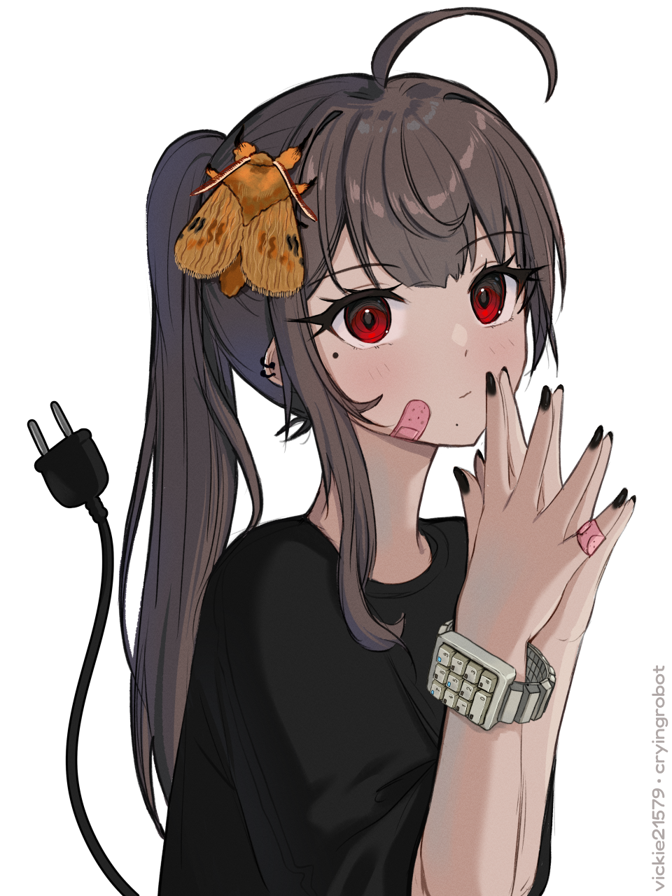 1girl ahoge animal_on_head bandaid bandaid_on_cheek bandaid_on_face bandaid_on_hand black_nails black_shirt brown_hair bug cable cable_tail closed_mouth commentary ear_piercing electric_plug highres keyboard_(computer) long_hair looking_at_viewer mechanical_tail mole mole_under_eye moth nail_polish on_head original own_hands_together piercing ponytail red_eyes shirt short_sleeves simple_background single_sidelock solo steepled_fingers tail upper_body vickie_(cryingrobot) vickie_(cryingrobot)_(character) watch white_background wristwatch