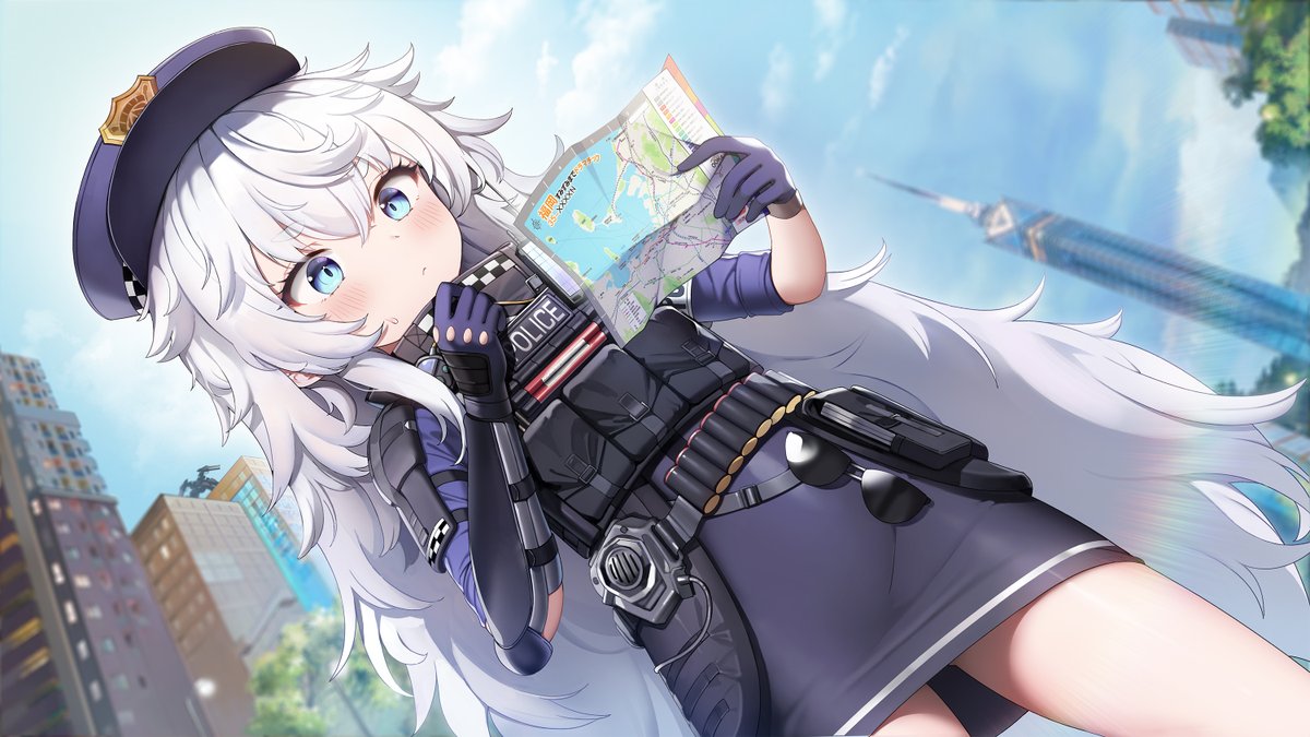 1girl ammunition_belt arm_guards armband black_gloves blue_eyes cityscape clenched_hand cloud cowboy_shot dutch_angle flat_chest from_below glasses gloves goddess_of_victory:_nikke hat holding holding_map jehyun light_blush long_hair looking_at_object map pencil_skirt plate_carrier poli_(nikke) police police_hat police_uniform policewoman rainbow rapture_(nikke) short_sleeves shoulder_pads sidelocks skirt sky solo_focus sunglasses sweatdrop thighs uniform very_long_hair wavy_hair white_hair