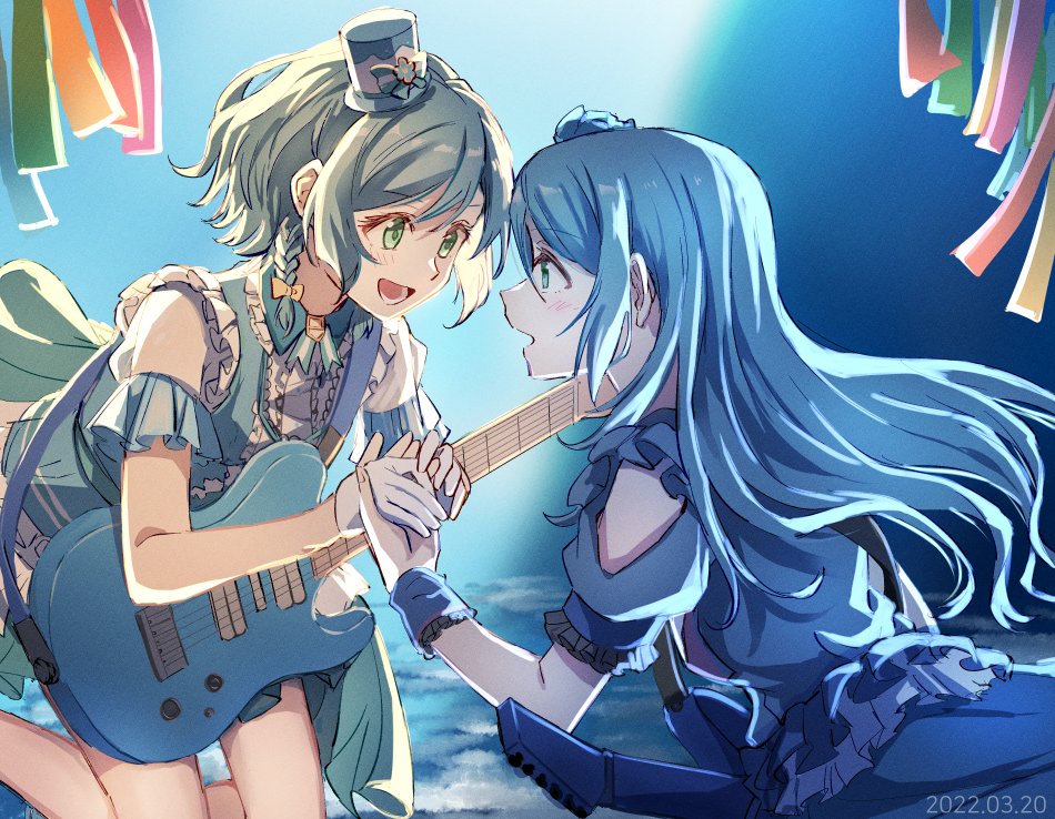 2girls akni aqua_dress aqua_hair bang_dream! blue_dress blue_wrist_cuffs braid dress gloves green_eyes happy_birthday hat hikawa_hina hikawa_sayo holding_guitar holding_hands long_hair looking_at_another medium_hair mini_hat multiple_girls open_mouth siblings sisters smile twins white_gloves