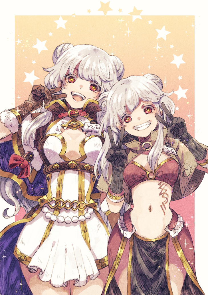 2girls arch_mage_(ragnarok_online) bikini bikini_top_only black_gloves blush bow breasts brown_bikini brown_capelet brown_eyes brown_gloves brown_skirt cape capelet commentary_request cowboy_shot double_bun double_v dress elbow_gloves gloves gold_trim grin hair_bun long_hair looking_at_viewer mage_(ragnarok_online) medium_bangs medium_breasts midriff multiple_girls navel open_mouth pelvic_curtain purple_cape ragnarok_online red_bow short_dress showgirl_skirt sidelocks skirt small_breasts smile star_(symbol) swimsuit teeth tokio_(okt0w0) upper_teeth_only v white_dress white_hair