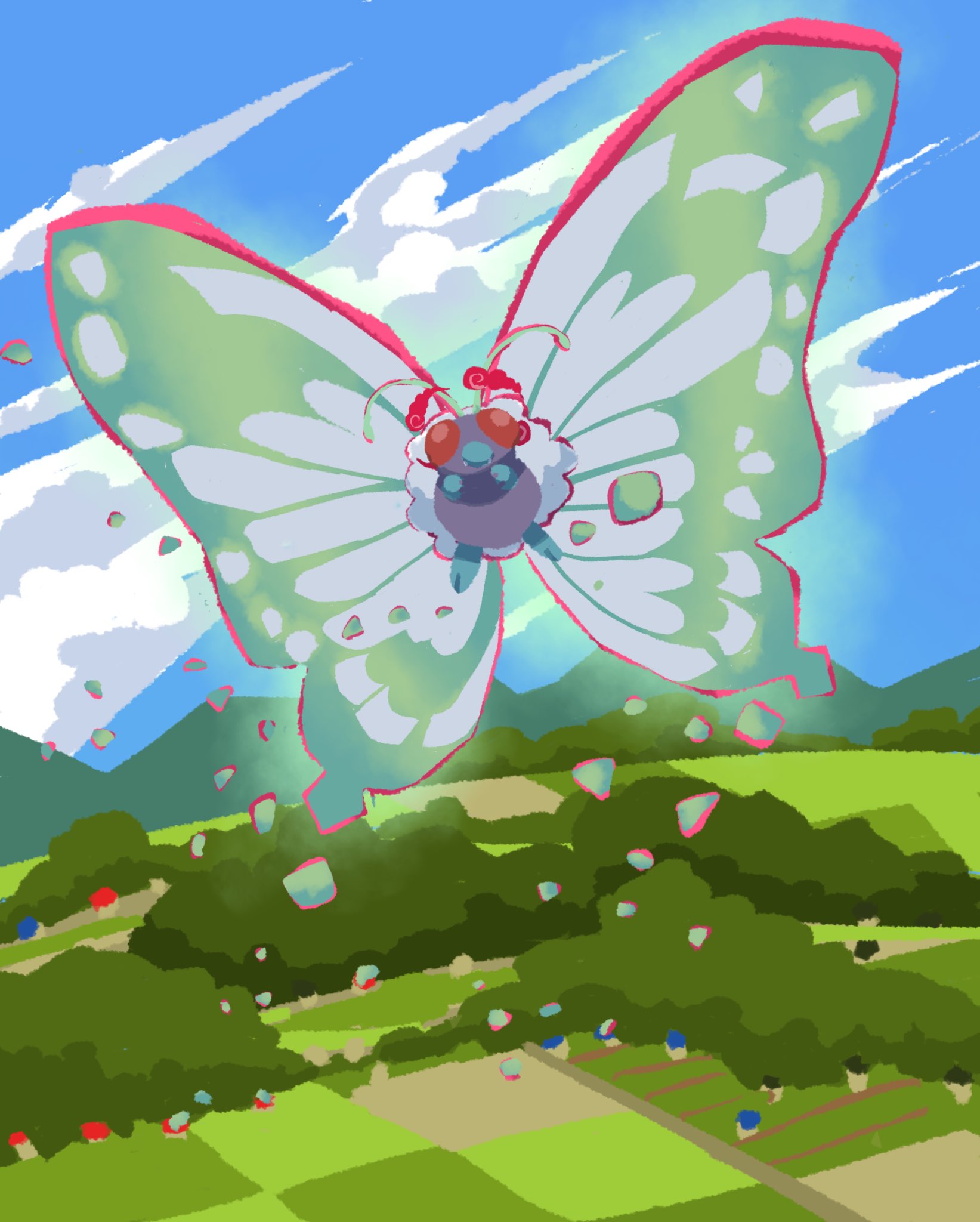 butterfree cloud commentary_request day fangs fangs_out flying gigantamax gigantamax_butterfree highres looking_at_viewer no_humans outdoors pokemon pokemon_(creature) red_eyes sky solo tomozo_(muginosukejr)