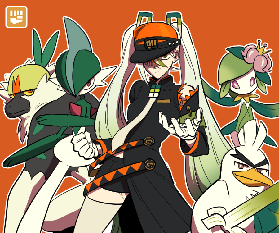 1girl black_coat clenched_hand closed_mouth coat commentary_request fighting_miku_(project_voltage) gallade gloves green_hair hair_between_eyes hat hatsune_miku hisuian_lilligant korean_commentary long_hair multicolored_hair necktie nenemddin orange_background orange_headwear passimian pokemon pokemon_(creature) project_voltage safety_pin simple_background sirfetch'd thighhighs twintails very_long_hair vocaloid white_gloves white_hair white_thighhighs