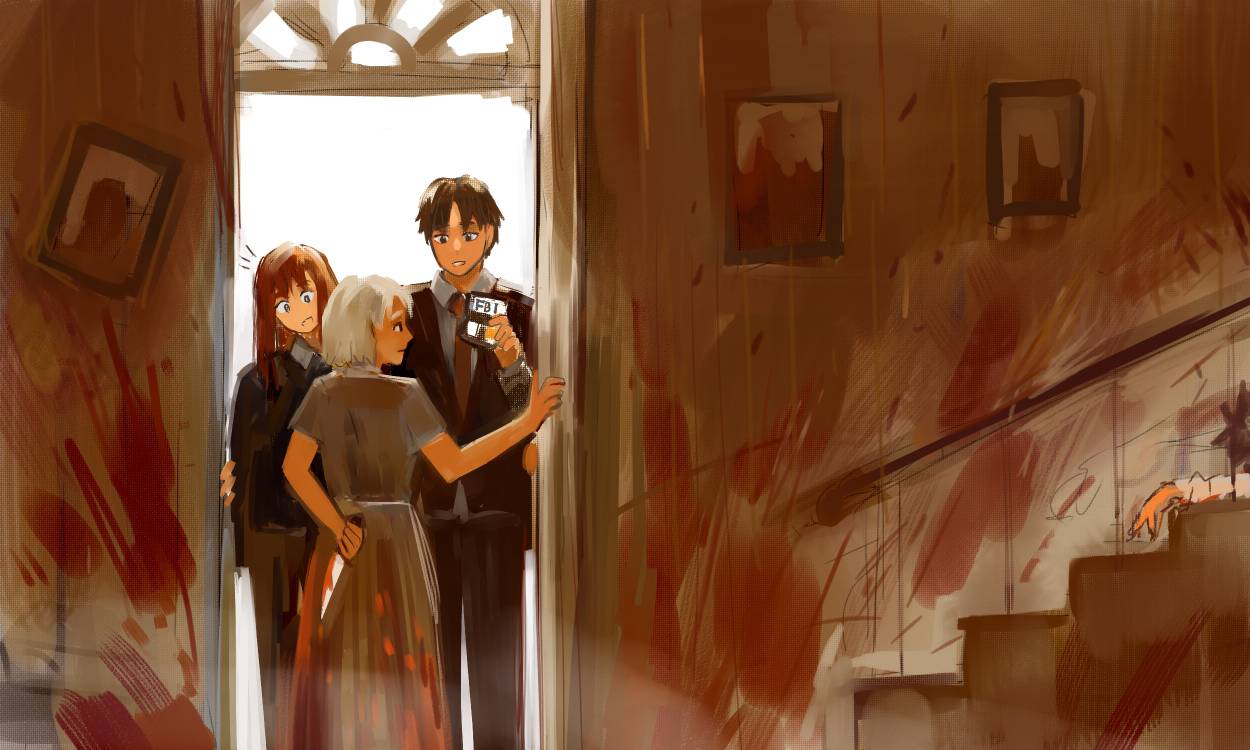 2boys 2girls apron black_eyes black_jacket black_pants black_suit blood blood_on_clothes blood_on_knife brown_dress brown_hair closed_mouth collar collared_dress collared_shirt commentary doorway dress english_commentary fbi from_behind frown head_tilt holding holding_badge holding_knife indoors inktober jacket knife kuwagatata layered_sleeves long_dress long_hair long_sleeves looking_at_another messy_hair multiple_boys multiple_girls murder necktie notice_lines open_mouth orange_hair original pants picture_frame red_necktie shirt short_hair short_sleeves smile stairs straight-on straight_hair suit weapon_behind_back white_apron white_collar white_hair white_shirt