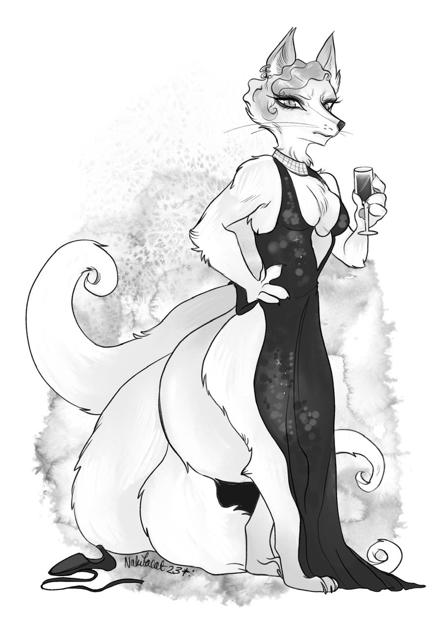 2023 anthro canid canine clothing digitigrade dress female footwear fox hair hand_on_hip hi_res high_heels holding_wine_glass implied_transformation looking_at_viewer mammal nakitacat shirt solo standing topwear whiskers