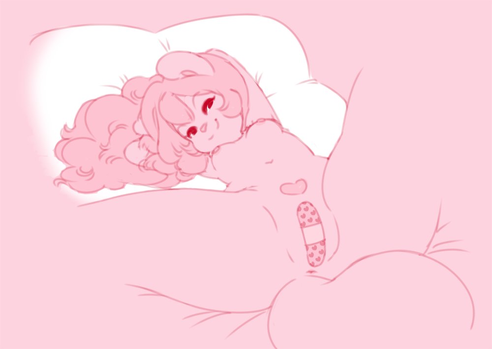 &lt;3 anthro anus bandage bedding breasts chipmunk female ground_squirrel hair hands_behind_head jam_(miu) long_hair looking_at_viewer lying mammal miu monochrome navel nipples on_back pillow pink_and_white pink_background pubes rodent sciurid simple_background sketch smile solo spread_legs spreading tree_squirrel