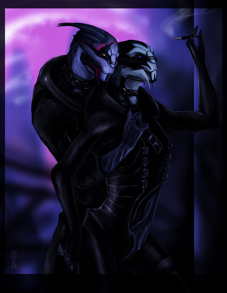2019 3033 alien blue_eyes bodypaint cigarette cigarette_holder cigarette_smoke clothed clothing collar crotch_grab duo eye_contact face_paint grope heno_rel'ia humanoid intraspecies looking_at_another male male/male mass_effect nightclub public rinve short_sleeves standing turian undressing unzipped_bodysuit unzipping yellow_eyes