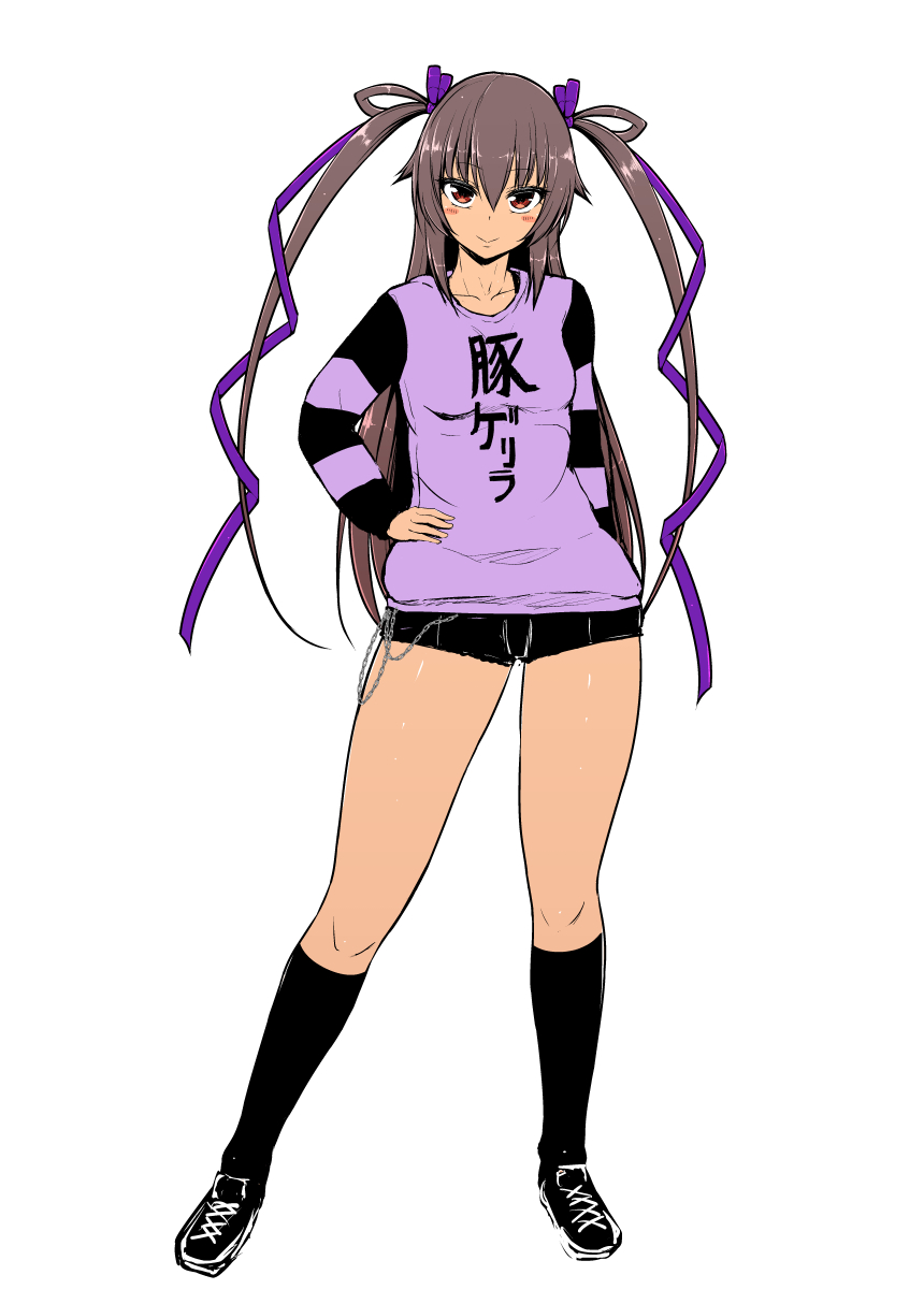 1girl black_footwear black_shorts black_socks blush closed_mouth hair_ornament hand_on_own_hip highres hood hoodie long_hair long_sleeves looking_at_viewer lovelovemaid mizuki_yukikaze purple_eyes purple_hair purple_hoodie shoes short_shorts shorts simple_background smile sneakers socks solo taimanin_(series) taimanin_yukikaze very_long_hair white_background