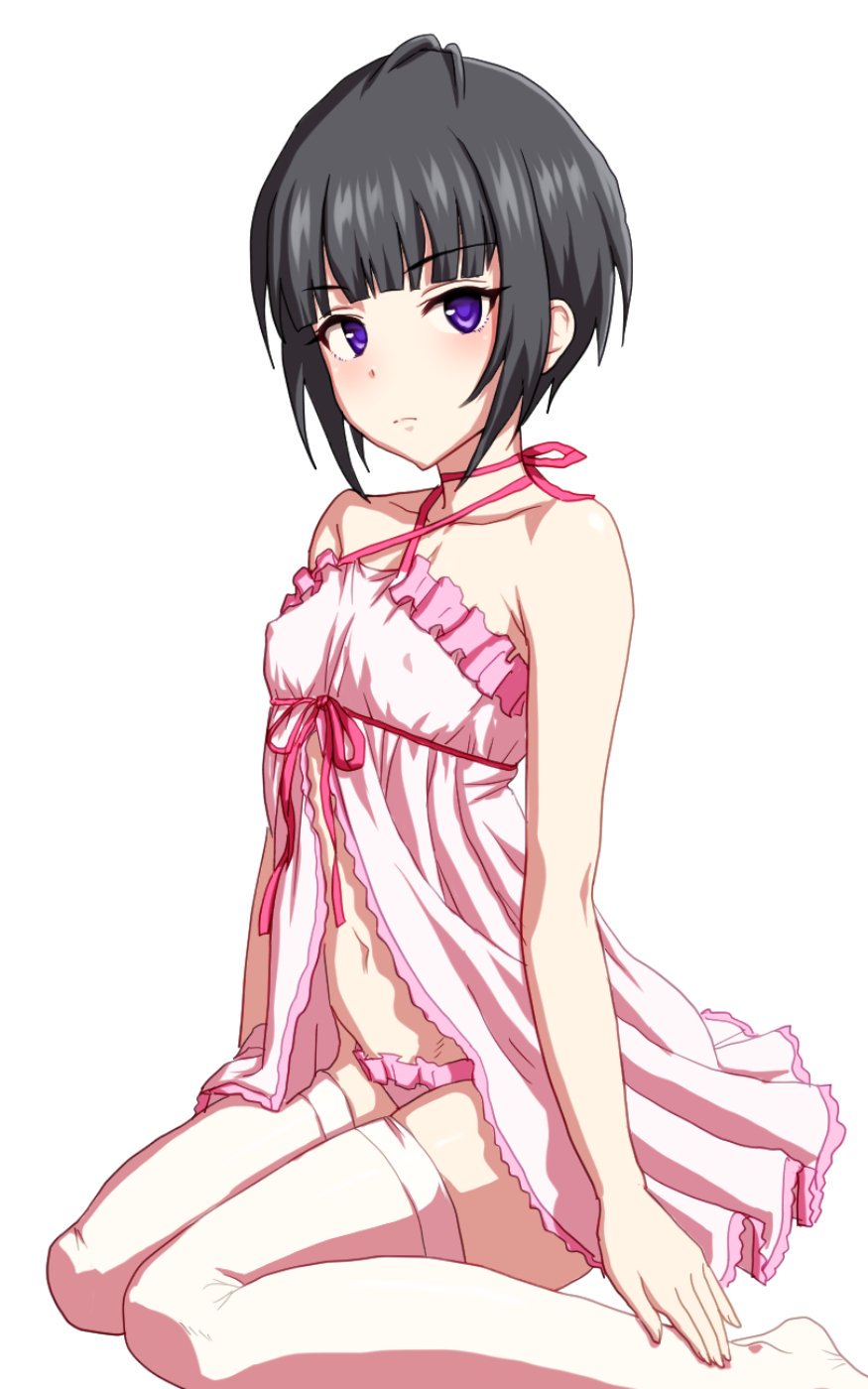 1girl bare_shoulders black_hair blunt_bangs blush bob_cut bow closed_mouth collarbone covered_nipples dot_nose flat_chest frilled_negligee highres idolmaster idolmaster_cinderella_girls idolmaster_cinderella_girls_starlight_stage kezune_(i-_-i) looking_at_viewer midriff navel panties pink_bow pink_negligee pink_panties pink_thighhighs purple_eyes shirayuki_chiyo short_hair simple_background sitting solo stomach thighhighs underwear wariza white_background