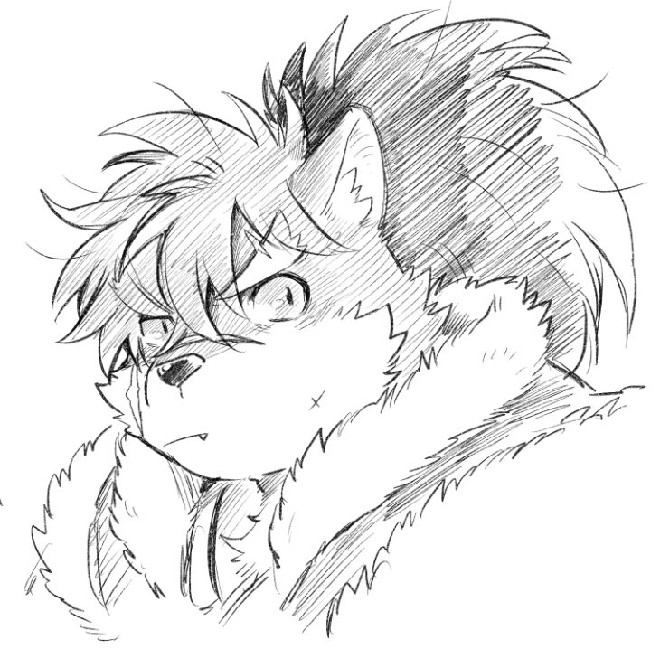 1boy animal_ears animal_nose bara closed_mouth colored_sclera commentary dog_boy dog_ears fang fang_out fur_trim furry furry_male fuyodo greyscale hair_between_eyes high_ponytail long_hair male_focus messy_hair monochrome portrait scar scar_on_cheek scar_on_face scar_on_nose shino_(housamo) simple_background solo thick_eyebrows tokyo_afterschool_summoners white_background