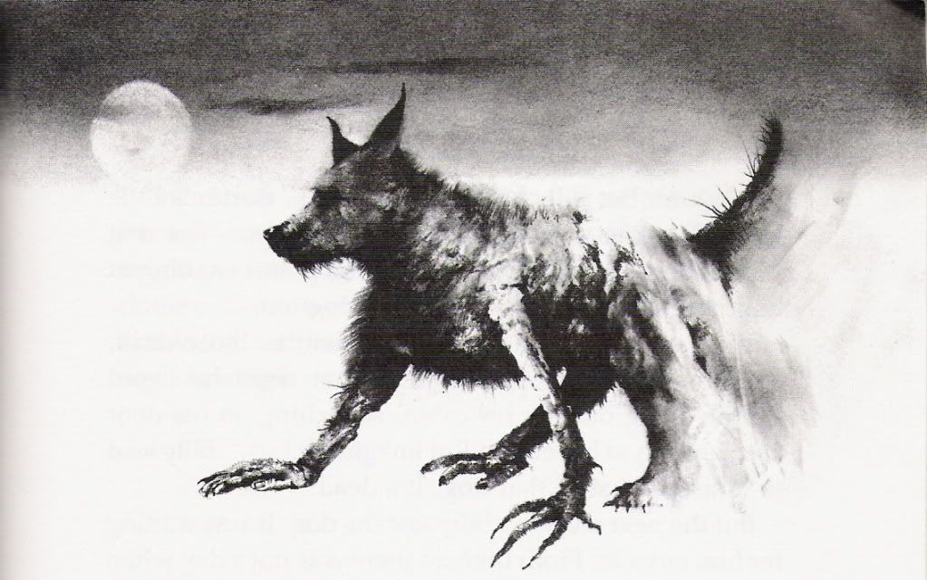 1984 3_toes 4_fingers 4_toes ambiguous_gender black_and_white black_body black_fur canid canine canis cloud creepy domestic_dog feet feral fingers fur ghostly greyscale humanoid_hands mammal monochrome moon raised_tail scary_stories_to_tell_in_the_dark solo stephen_gammell story_at_source surreal tail toes traditional_media_(artwork) unsettling