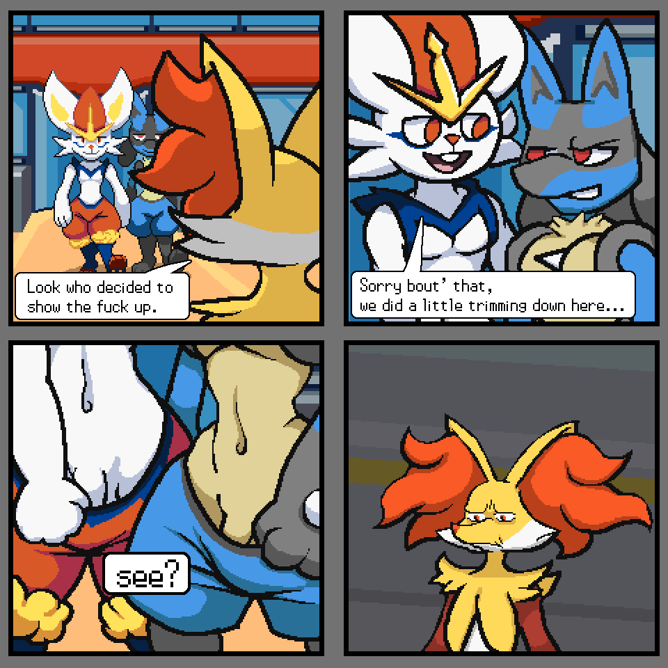 anthro awkward blue_body blue_fur cinderace close-up clothing comic crotch_shot delphox detailed_background dialogue digital_media_(artwork) disgust english_text eye_contact feet female flashing fur generation_4_pokemon generation_6_pokemon generation_8_pokemon genitals grey_body grey_fur grin group humanoid_genitalia humanoid_penis humor inner_ear_fluff inside lagomorph leporid looking_at_another looking_at_genitalia looking_at_penis lucario male mammal multicolored_body multicolored_fur navel nintendo open_mouth parody paws penis pixel_(artwork) pokemon pokemon_(species) profanity red_body red_eyes red_fur scenery shocked shocked_expression smile smirk smug speech_bubble standing text trio tuft walking what white_body white_fur wi_tolo yellow_body yellow_fur