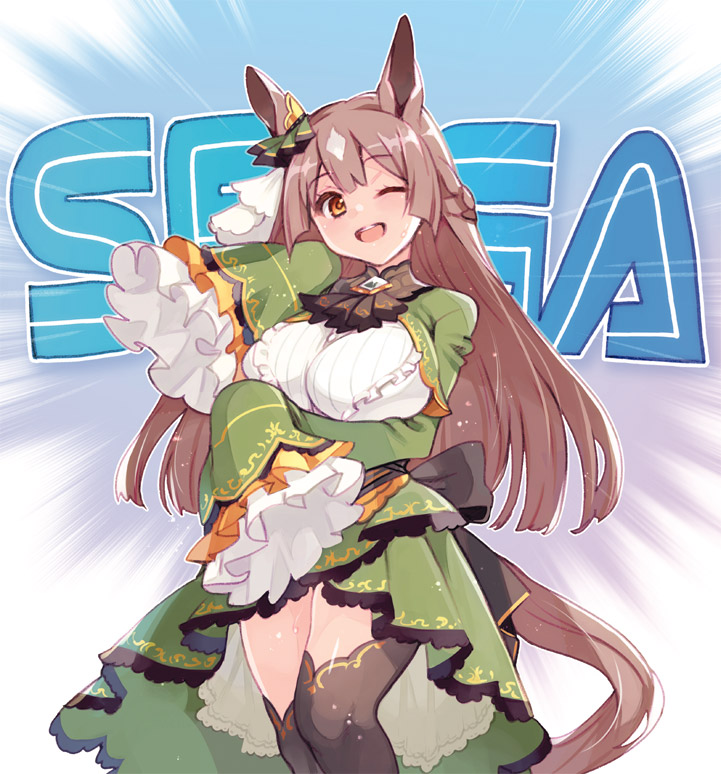 1girl ;d animal_ears ascot black_thighhighs blush braid breasts brown_ascot brown_eyes brown_hair commentary_request ear_ornament french_braid frilled_shirt frilled_sleeves frills green_jacket green_skirt hair_between_eyes horse_ears horse_girl horse_tail jacket large_breasts long_hair long_sleeves looking_at_viewer multicolored_hair one_eye_closed open_mouth ryoji_(nomura_ryouji) satono_diamond_(umamusume) sega shirt skirt sleeves_past_fingers sleeves_past_wrists smile solo streaked_hair sweat tail thighhighs umamusume white_shirt
