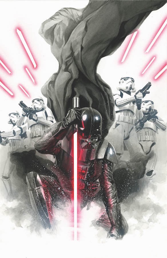 5boys alex_ross armor cape darth_vader energy_sword english_commentary helmet holding lightsaber male_focus multiple_boys red_lightsaber science_fiction sith star_wars stormtrooper sword weapon