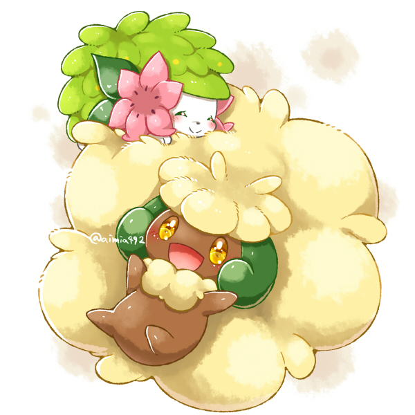 :d ^_^ aimi_(aimia492) arms_up artist_name blush closed_eyes closed_mouth commentary_request curled_horns flower full_body green_horns happy horns looking_at_viewer no_humans open_mouth pink_flower pokemon pokemon_(creature) shaymin shaymin_(land) simple_background smile split_mouth twitter_username whimsicott white_background yellow_eyes