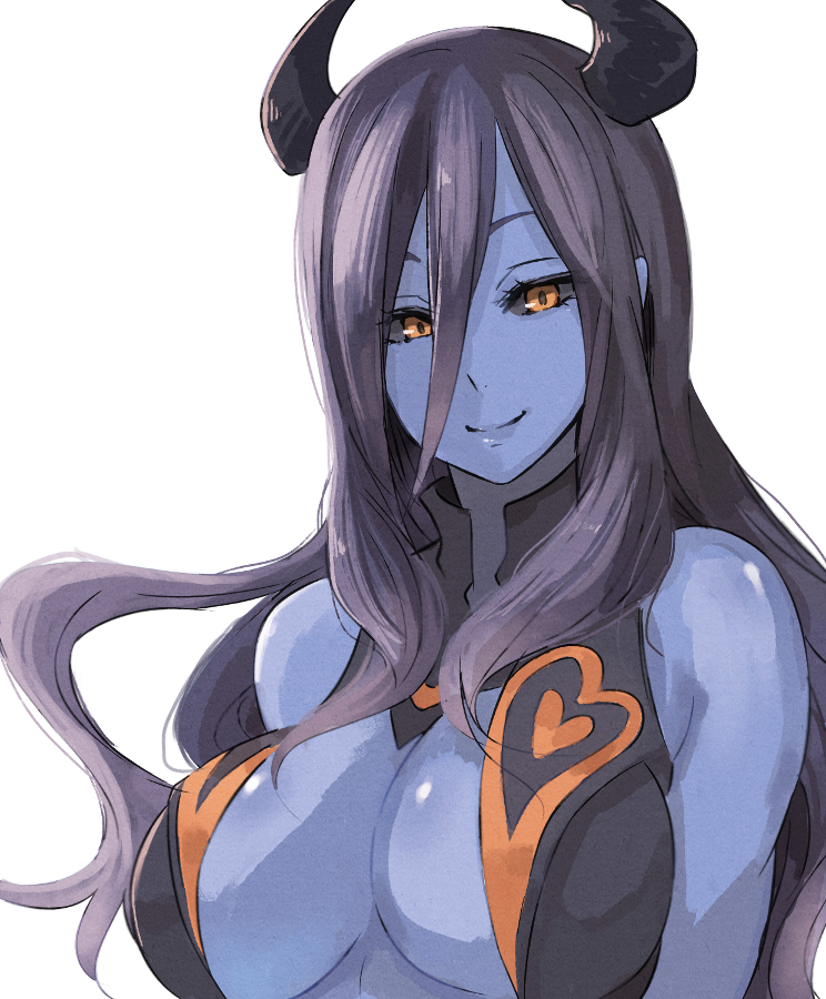 bandai_namco big_breasts black_sclera blue_body blue_horn blue_skin breasts clothing demon demon_humanoid dress eyelashes female flootier_(summon_night) grey_clothing grey_dress grey_hair hair horn horned_humanoid huge_breasts humanoid inner_boob long_hair looking_at_viewer pepe_(jonasan) simple_background smile solo summon_night white_background yellow_eyes