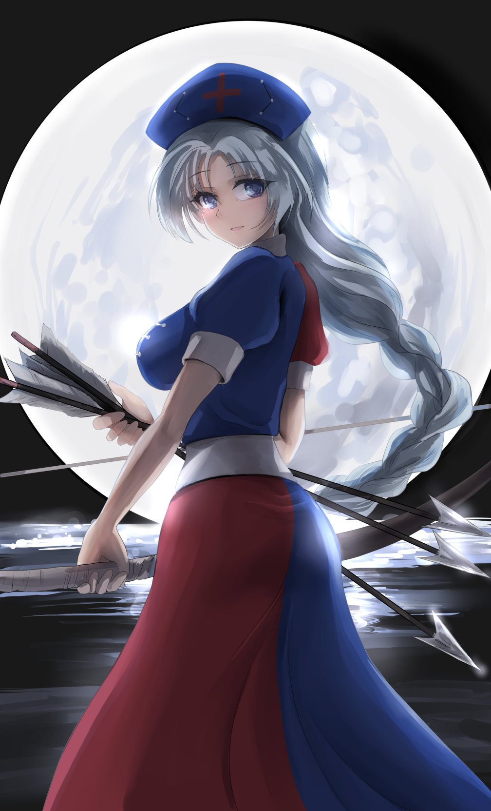 1girl arrow_(projectile) blue_dress blue_eyes bow_(weapon) braid breasts collared_dress constellation constellation_print cross dress full_moon grey_eyes grey_hair hat highres huge_moon imperishable_night long_hair moon multicolored_clothes multicolored_dress namiki_(remiter00) nurse_cap open_mouth red_cross red_dress single_braid smile touhou trigram two-tone_dress weapon yagokoro_eirin