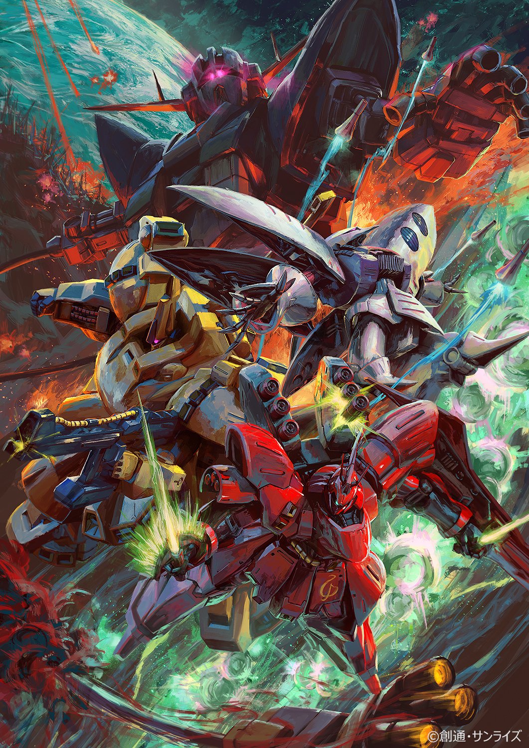 beam_cannon beam_rifle beam_saber beam_sword char's_counterattack clenched_hand commentary_request earth_(planet) energy_gun explosion finger_cannon fire firing flying funnels_(gundam) glowing glowing_eye green_eyes gun gundam highres holding holding_gun holding_sword holding_weapon mecha meteor missile_pod mobile_suit mobile_suit_gundam no_humans one-eyed open_hands outstretched_arms planet purple_eyes qubeley robot sazabi science_fiction sword tani_(tanidesuyo) the_o weapon zeong zeta_gundam