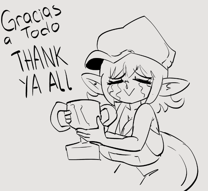 20pesos_sopa :&gt; award big_breasts bodily_fluids breasts clothing crying english_text eyelashes eyes_closed female goblin happy hat headgear headwear holding_award holding_object holding_trophy humanoid humanoid_pointy_ears lei_(20pesos_sopa) overalls sketch smile solo spanish_text standing tears tears_of_joy text trophy