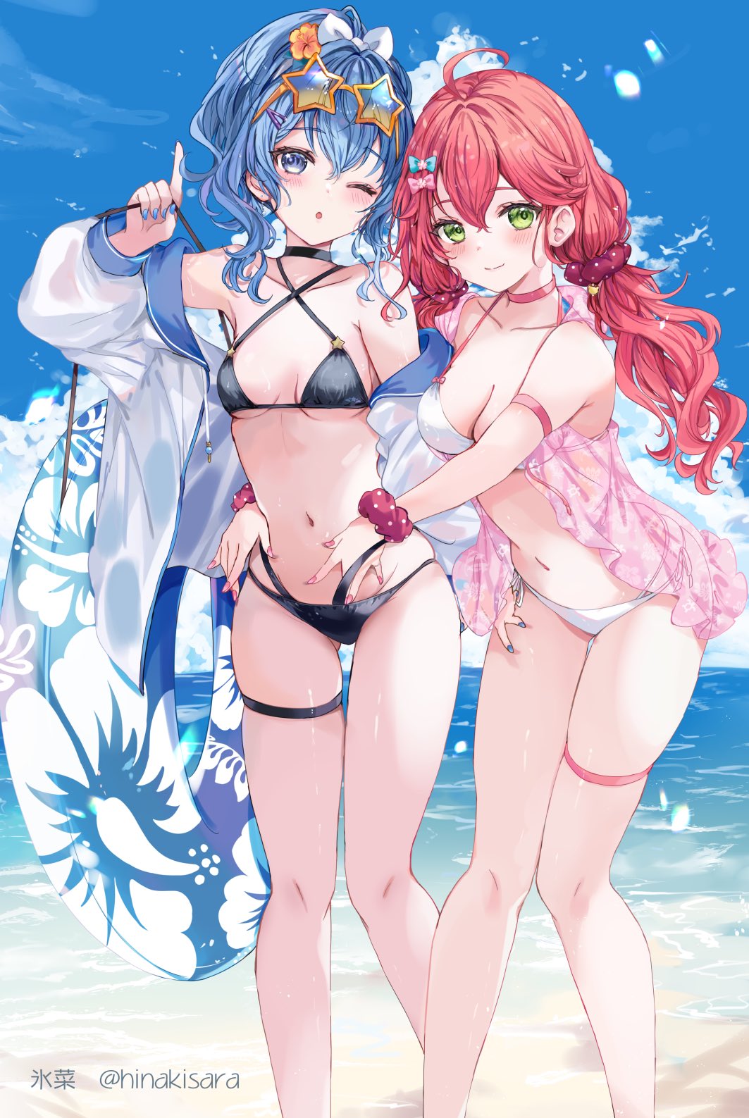 2girls ahoge artist_name beach bikini black_bikini black_choker blue_bow blue_eyes blue_hair blue_nails blue_sky bow breasts chestnut_mouth choker cloud crossed_bangs flower goggles goggles_on_head green_eyes hair_bow hair_flower hair_ornament high_ponytail highres hinahino hololive hoshimachi_suisei hug jacket long_hair long_sleeves looking_at_viewer low_twintails medium_breasts multiple_girls navel one_eye_closed open_clothes open_jacket open_mouth orange_flower pink_bow pink_choker pink_hair pink_nails pink_scrunchie sakura_miko scrunchie sky smile standing star-shaped_eyewear swimsuit thigh_strap twintails twitter_username virtual_youtuber white_bikini white_jacket wrist_scrunchie