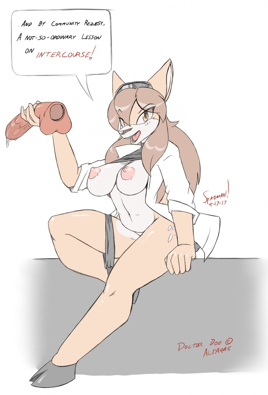 2017 5_fingers anthro black_hooves breasts brown_eyes brown_hair brown_nose chubby_anthro chubby_female clothed clothing coat copyright_symbol deer dildo doctor_doe english_text eyebrows female fingers fur hair hi_res hooves humor lab_coat mammal navel nipples open_mouth pink_nipples pink_tongue sex_toy slightly_chubby solo spazman symbol tan_body tan_fur text tongue topwear