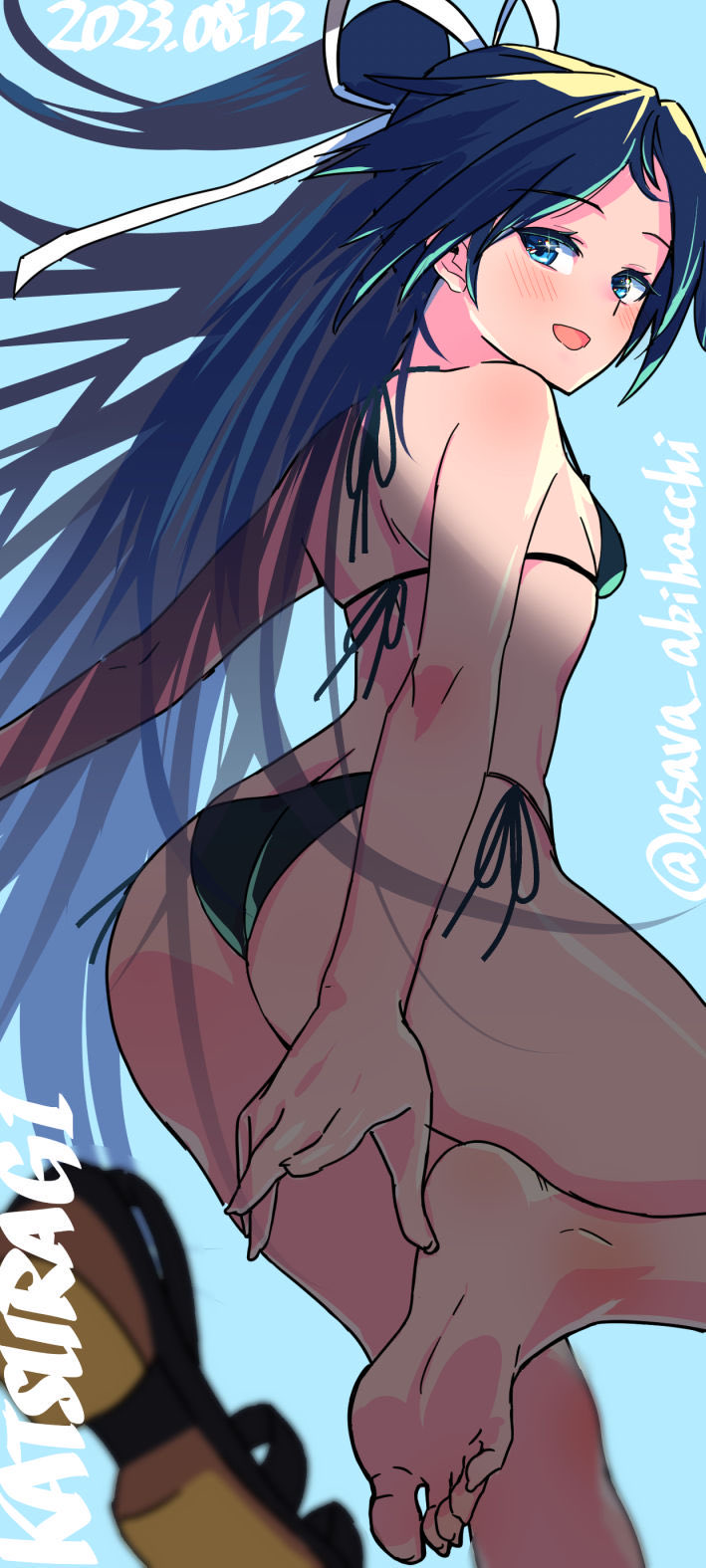 1girl asava_(hutaitenn) ass barefoot bikini black_hair blue_eyes breasts feet_out_of_frame from_behind green_bikini hair_ribbon highres kantai_collection katsuragi_(kancolle) long_hair looking_at_viewer looking_back one-hour_drawing_challenge ponytail ribbon sandals side-tie_bikini_bottom single_sandal small_breasts solo swimsuit