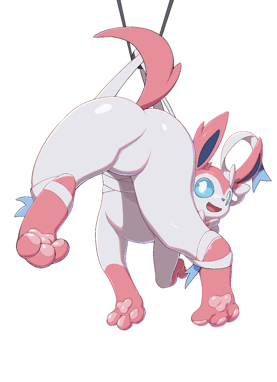 2023 ambiguous_gender blue_eyes butt eeveelution feral fur generation_6_pokemon hi_res nintendo open_mouth open_smile pata pawpads paws pink_body pink_fur pokemon pokemon_(species) simple_background smile solo sylveon white_body white_fur