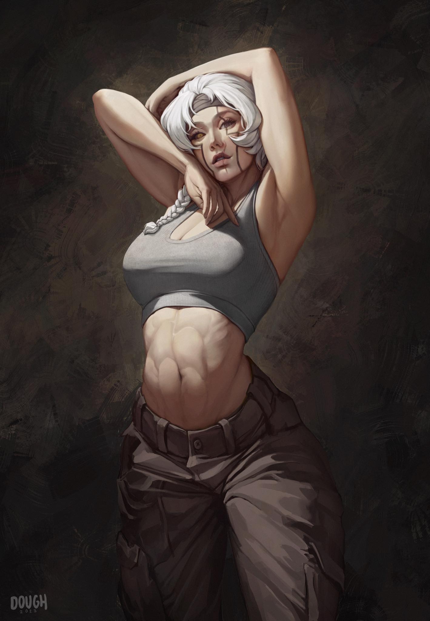 1girl abs arched_back armpits arms_up artist_name black_sclera braid breasts brown_eyes brown_pants cargo_pants cleavage colored_sclera commentary commission dough_(doughnath) english_commentary facial_mark grey_sports_bra heterochromia highres large_breasts mismatched_sclera navel original pants scar scar_on_face scar_on_mouth side_braid signature solo sports_bra toned white_hair yellow_eyes