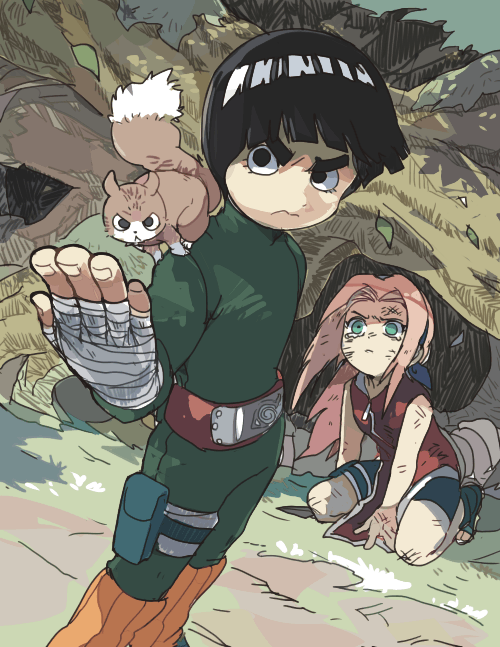 1boy 1girl bandages bike_shorts bodysuit bowl_cut bruise eyelashes fighting_stance green_bodysuit green_eyes green_jumpsuit haruno_sakura injury jumpsuit kneeling konohagakure_symbol leg_warmers naruto naruto_(series) nishimez pelvic_curtain pink_hair protecting rock_lee sleeveless squirrel tearing_up tree