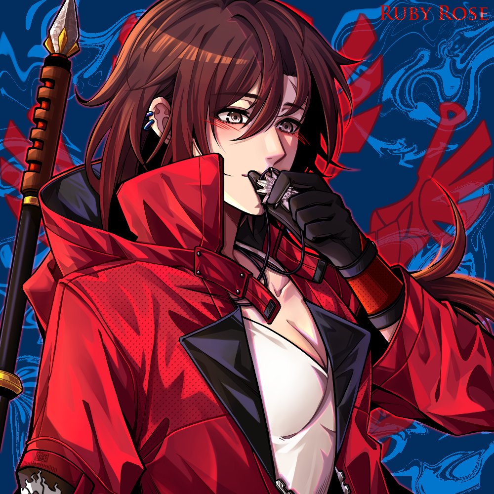 1girl blush breasts brown_hair character_name cleavage earrings english_commentary gloves grey_eyes hair_between_eyes jacket jewelry jindianjun000 kissing_necklace medium_breasts necklace open_clothes open_jacket ruby_rose rwby solo upper_body