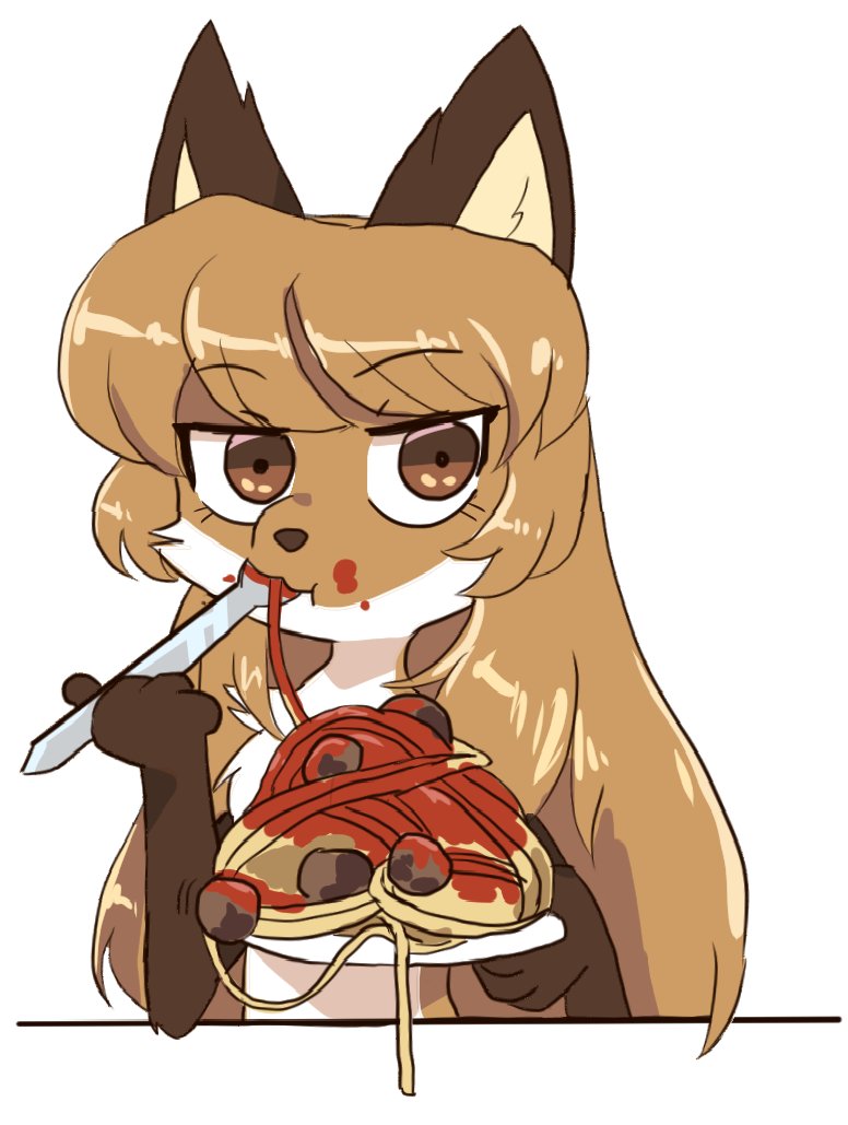 anthro averi_(fiddleafox) brown_body brown_eyes brown_fur canid canine cutlery ears_up eating female fiddleafox food fork fork_in_mouth fox fur kitchen_utensils looking_at_viewer mammal pasta plate simple_background solo spaghetti tomato_sauce tools white_background