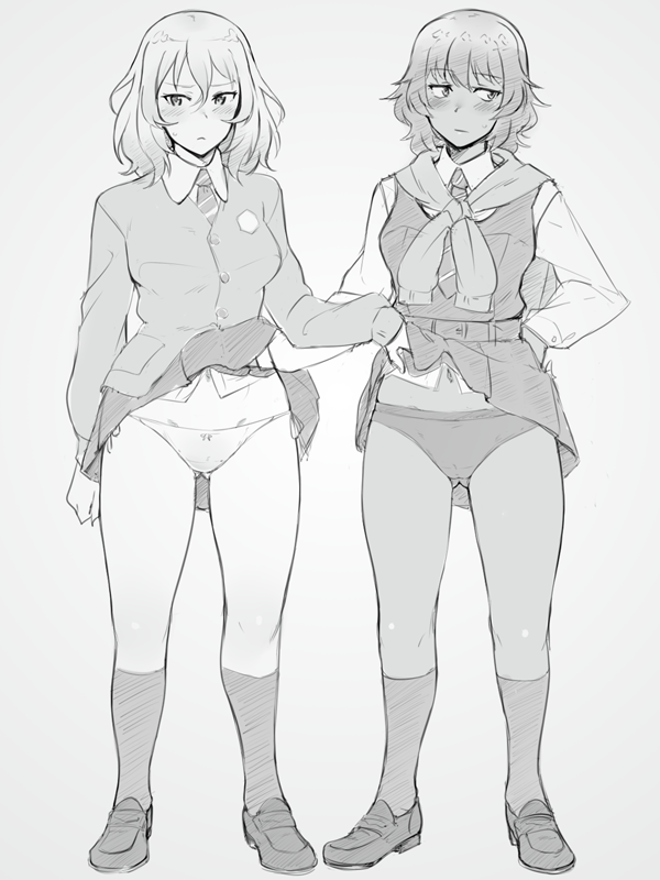 2girls andou_(girls_und_panzer) arm_at_side ass_visible_through_thighs bc_freedom_school_uniform belt blush bow bow_panties breasts closed_mouth clothes_lift collared_shirt diagonal-striped_necktie dress_shirt em_(totsuzen_no_hakike) full_body girls_und_panzer groin hair_between_eyes hand_on_own_thigh jacket kneehighs lifted_by_another loafers long_sleeves looking_to_the_side medium_breasts medium_hair monochrome multiple_girls navel necktie oshida_(girls_und_panzer) panties pantyshot pleated_skirt school_uniform serafuku shirt shoes short_hair simple_background skirt skirt_lift socks standing striped_necktie sweatdrop sweater_around_neck thighs underwear vest