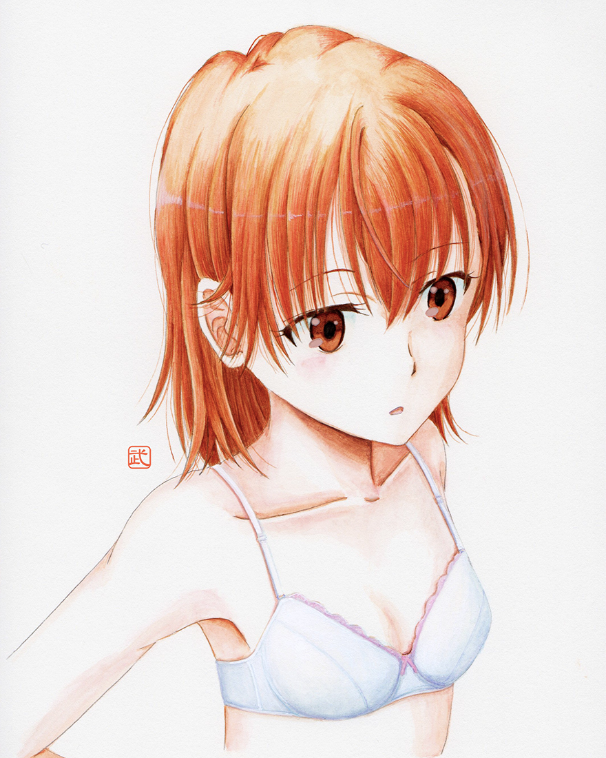 1girl artist_name blush bob_cut bra breasts brown_eyes brown_hair collarbone commentary from_above from_side hair_between_eyes hand_on_own_hip light_blush looking_afar looking_ahead loose_hair_strand misaka_imouto painting_(medium) parted_lips short_hair signature simple_background small_breasts solo toaru_kagaku_no_railgun toaru_majutsu_no_index traditional_media underwear upper_body watercolor_(medium) white_background white_bra y_takeshinu_wan