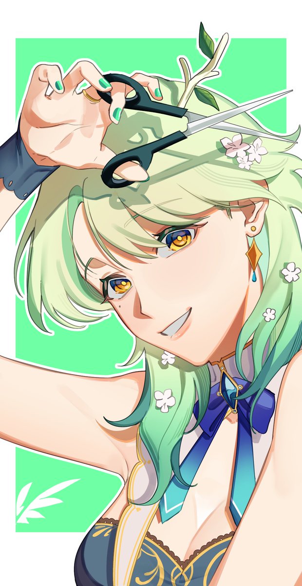 1girl amos antlers armpit_crease armpits bare_arms bare_shoulders braid braided_bangs branch breasts ceres_fauna ceres_fauna_(1st_costume) cleavage colored_tips dress flower green_background green_hair green_nails hair_flower hair_ornament highres hololive hololive_english jewelry looking_at_viewer medium_breasts mole mole_under_eye multicolored_hair nail_polish scissors simple_background single_braid sleeveless sleeveless_dress smile solo streaked_hair teeth virtual_youtuber yellow_eyes