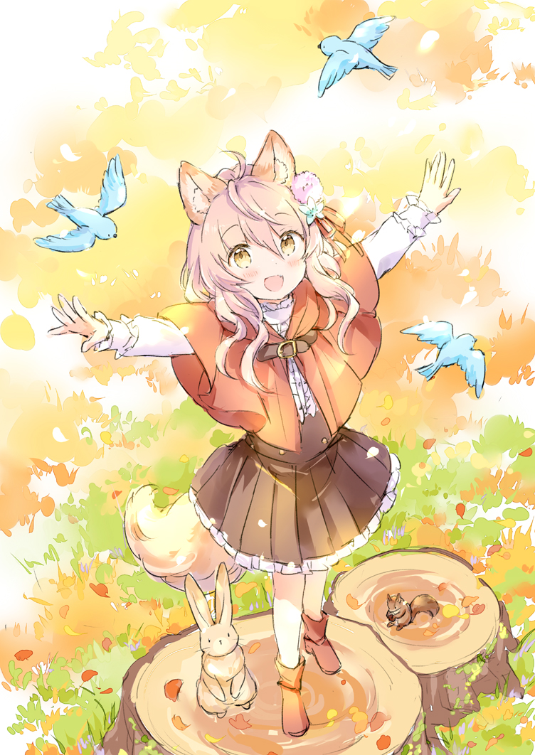 1girl :d animal animal_ears autumn_leaves bird blue_flower blush boots brown_eyes brown_skirt capelet center_frills fang flower frilled_skirt frilled_sleeves frills hair_between_eyes hair_flower hair_ornament long_sleeves original outstretched_arms pantyhose pink_flower pink_hair pleated_skirt rabbit red_capelet red_footwear shirt skirt smile solo squirrel tail tree_stump wataame27 white_pantyhose white_shirt wolf-chan_(wataame27) wolf_ears wolf_girl wolf_tail