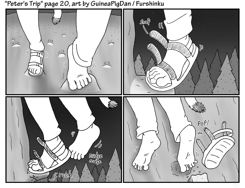 2019 5_toes anthro backpack barefoot black_and_white bottomwear climbing climbing_down clothing comic coniferous_forest coniferous_tree domestic_cat english_text falling falling_object feet felid feline felis foot_focus footwear forest forest_background four_frame_image fur furshinku humanoid_feet long_tail male mammal monochrome mountain mountainside nature nature_background nudging pants peter_(furshinku) plant plantigrade pop_(sound_effect) rock sandals snout soles solo striped_body striped_fur stripes tail text toes topwear tree