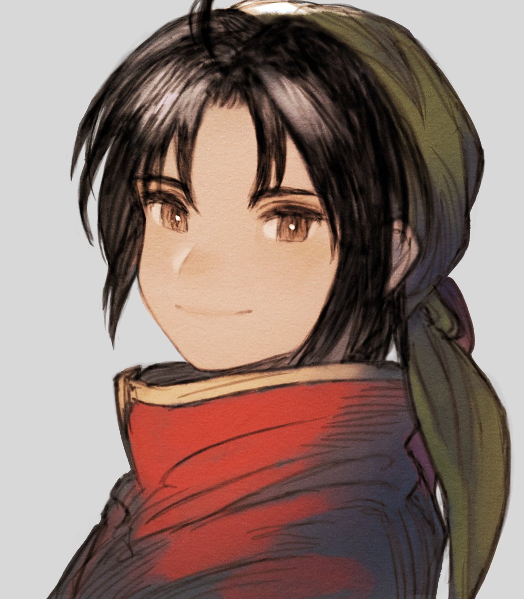 1boy bandana black_hair brown_eyes closed_mouth gensou_suikoden gensou_suikoden_i highres looking_at_viewer maekakekamen male_focus simple_background solo tir_mcdohl white_background