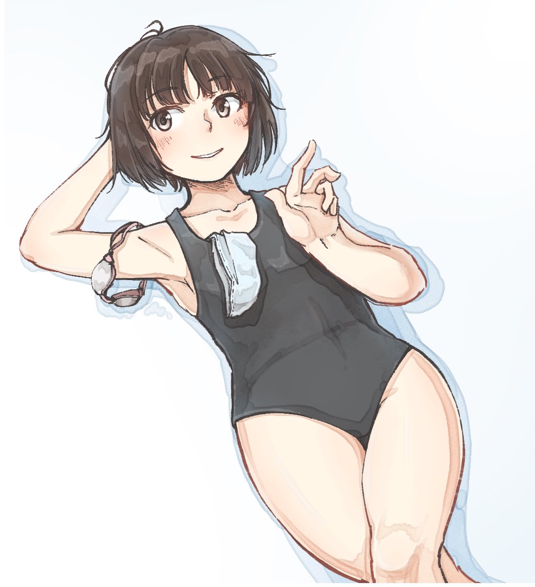 1girl amagami armpits arms_behind_head black_one-piece_swimsuit blunt_bangs blush bob_cut breasts brown_eyes brown_hair collarbone commentary crossed_legs drop_shadow feet_out_of_frame goggles goggles_removed hand_up highres looking_to_the_side lying messy_hair new_school_swimsuit one-piece_swimsuit parted_lips sansho_ss school_swimsuit short_hair small_breasts smile solo swim_cap swim_cap_removed swim_goggles swimsuit sword sword_on_back tachibana_miya weapon weapon_on_back white_background