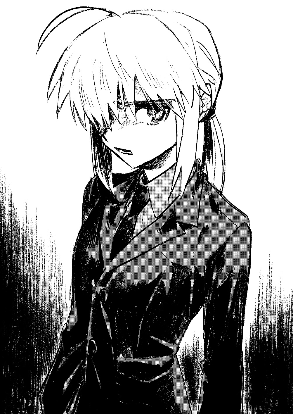 1girl ahoge amemasu79 artoria_pendragon_(fate) collared_shirt commentary expressionless fate/zero fate_(series) formal greyscale highres long_hair looking_at_viewer monochrome necktie open_mouth ponytail saber shirt sketch solo suit upper_body