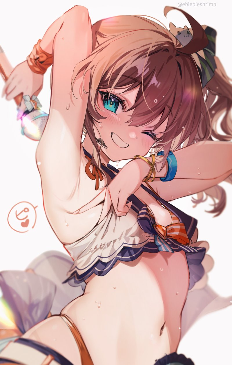 1girl ahoge arm_behind_head arm_up armpits bare_shoulders blue_eyes blush bracelet breasts brown_hair cat_hair_ornament crop_top grin hair_between_eyes hair_ornament hair_ribbon highres holding holding_microphone hololive jewelry long_hair looking_at_viewer microphone natsuiro_matsuri navel one_eye_closed open_mouth orange_panties panties presenting_armpit ribbon shuri_(84k) side_ponytail simple_background small_breasts smile solo spread_armpit sweat teeth thong underwear virtual_youtuber white_background