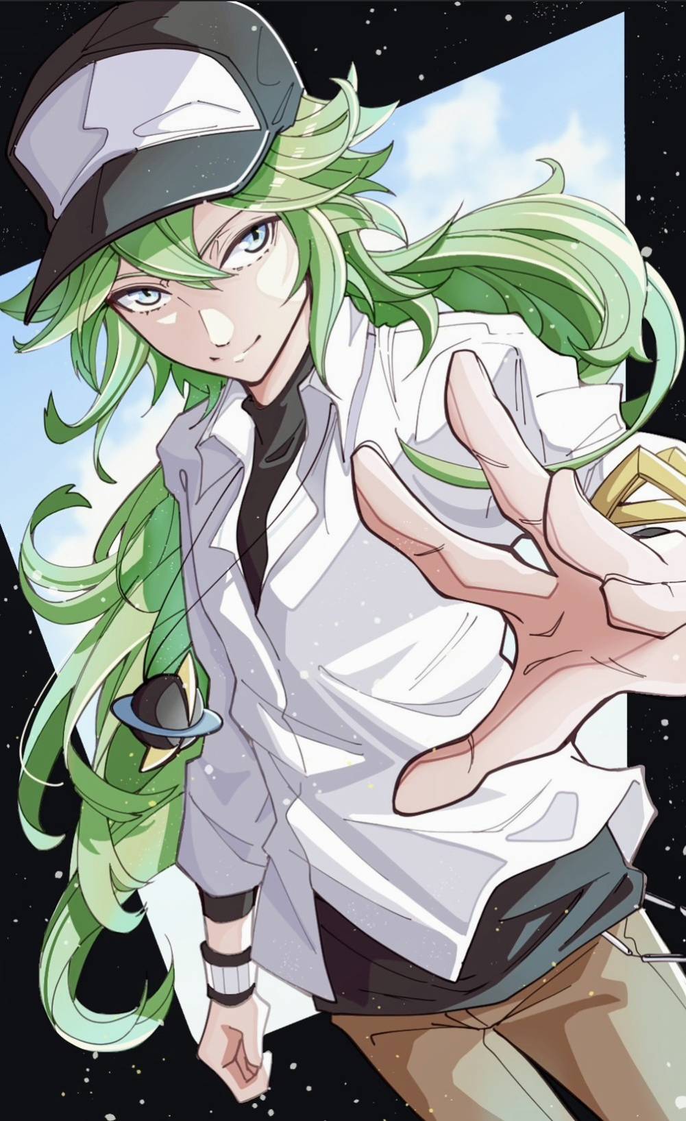 1boy bangle black_headwear bracelet brown_pants closed_mouth collared_shirt commentary_request crossed_bangs green_hair hand_up haruto_irasuto hat highres jewelry long_hair male_focus n_(pokemon) pants pokemon pokemon_(game) pokemon_bw shirt smile solo undershirt white_shirt wristband