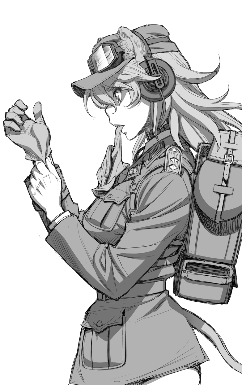 1girl animal_ears backpack bag belt bottle breast_pocket breasts cowboy_shot from_side glove_in_mouth glove_pull gloves goggles goggles_on_headwear hannelore_kummel hat headphones highres implied_extra_ears large_breasts lion_ears lion_girl lion_tail long_hair military_uniform minazuki_juuzou mouth_hold no_pants peaked_cap pocket profile shaded_face simple_background solo strike_witches strike_witches_(lionheart_witch) tail uniform water_bottle white_background world_witches_series
