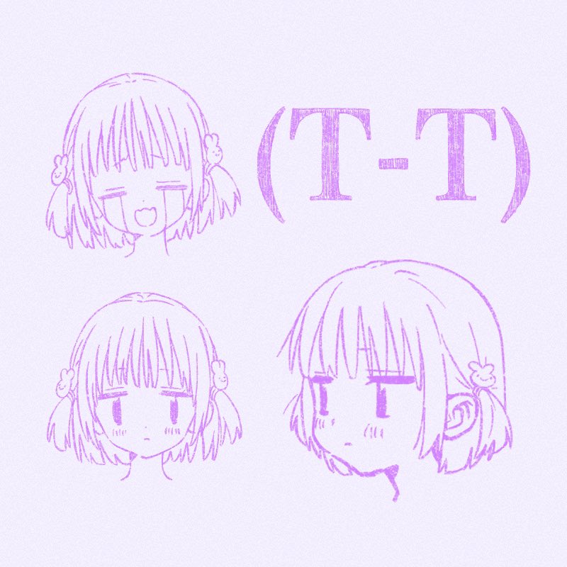 1girl closed_mouth commentary_request crying ega_(ega-519) emoticon expressions hair_ornament jitome light_blush limited_palette looking_at_viewer monochrome open_mouth original portrait purple_theme rabbit_hair_ornament short_hair simple_background t_t two_side_up