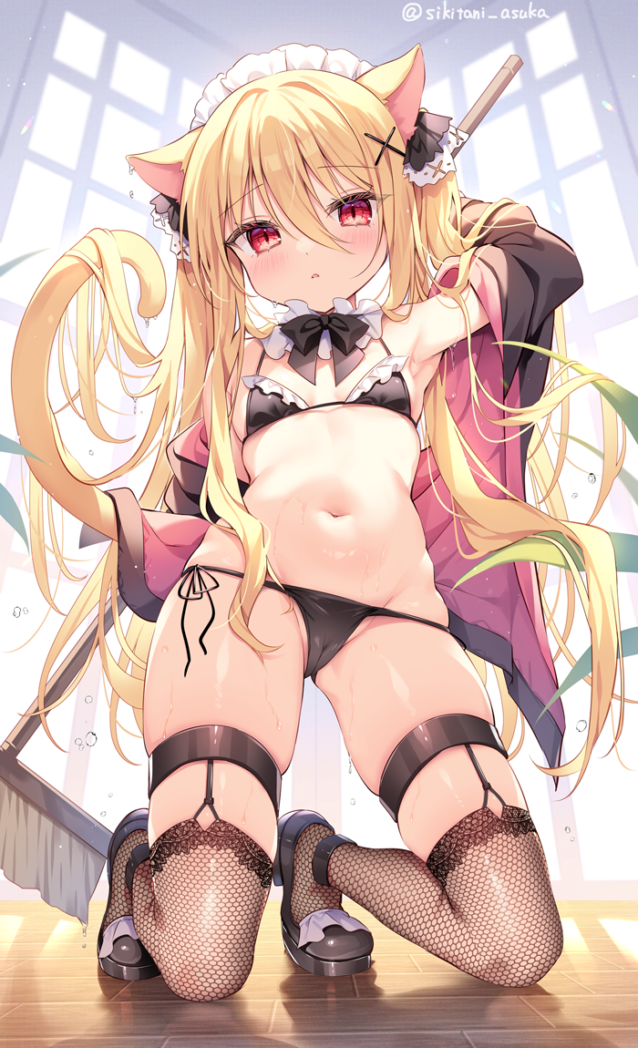 1girl :o animal_ear_fluff animal_ears arm_behind_head arm_up armpits artist_name ass_visible_through_thighs bare_shoulders bikini black_bikini black_bow black_bowtie black_footwear black_jacket black_thighhighs blonde_hair blush bow bowtie breasts broom cameltoe cat_ears cat_girl cat_tail commentary_request day detached_collar fishnet_thighhighs fishnets frilled_bikini frills full_body groin hair_between_eyes hair_ornament hairclip holding holding_broom indoors jacket kneeling legwear_garter long_hair long_sleeves looking_at_viewer maid maid_bikini maid_headdress navel off_shoulder open_clothes open_jacket original paid_reward_available parted_lips red_eyes shikitani_asuka shoes side-tie_bikini_bottom skindentation small_breasts solo stomach string_bikini swimsuit tail tail_raised thigh_strap thighhighs twintails twitter_username unconventional_maid very_long_hair wet window wooden_floor x_hair_ornament