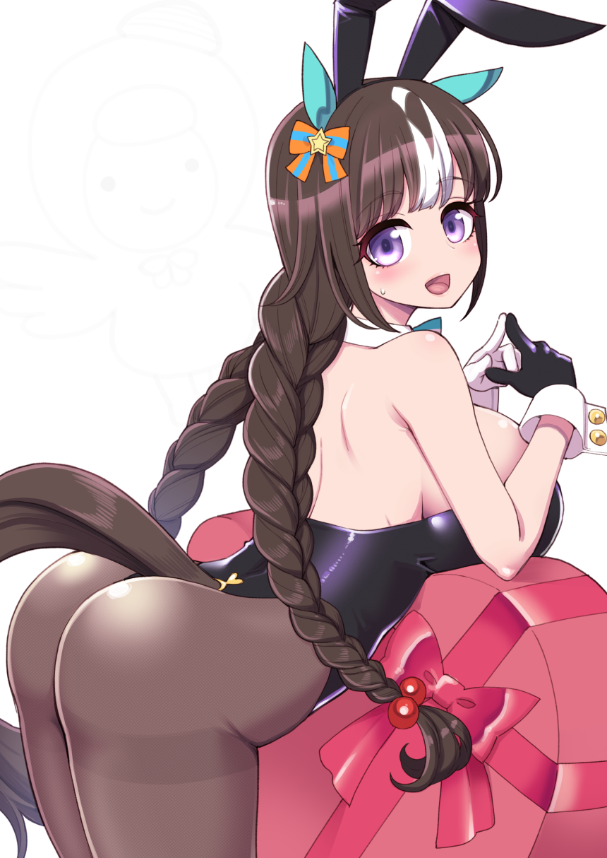 alternate_costume animal_ears ass black_hair blush breasts fake_animal_ears fidgeting gift gloves hair_ornament hanauna highres hokko_tarumae_(umamusume) horse_ears large_breasts long_braid long_hair looking_at_viewer open_mouth pantyhose playboy_bunny rabbit_ears umamusume